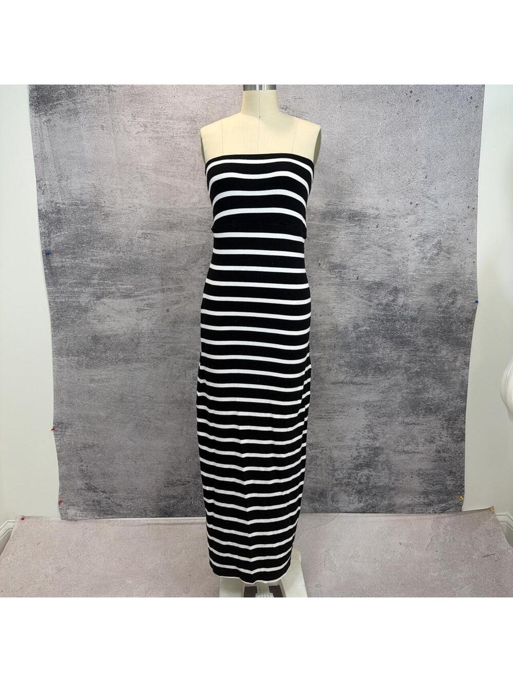 Black and white striped strapless knit bodycon maxi dress